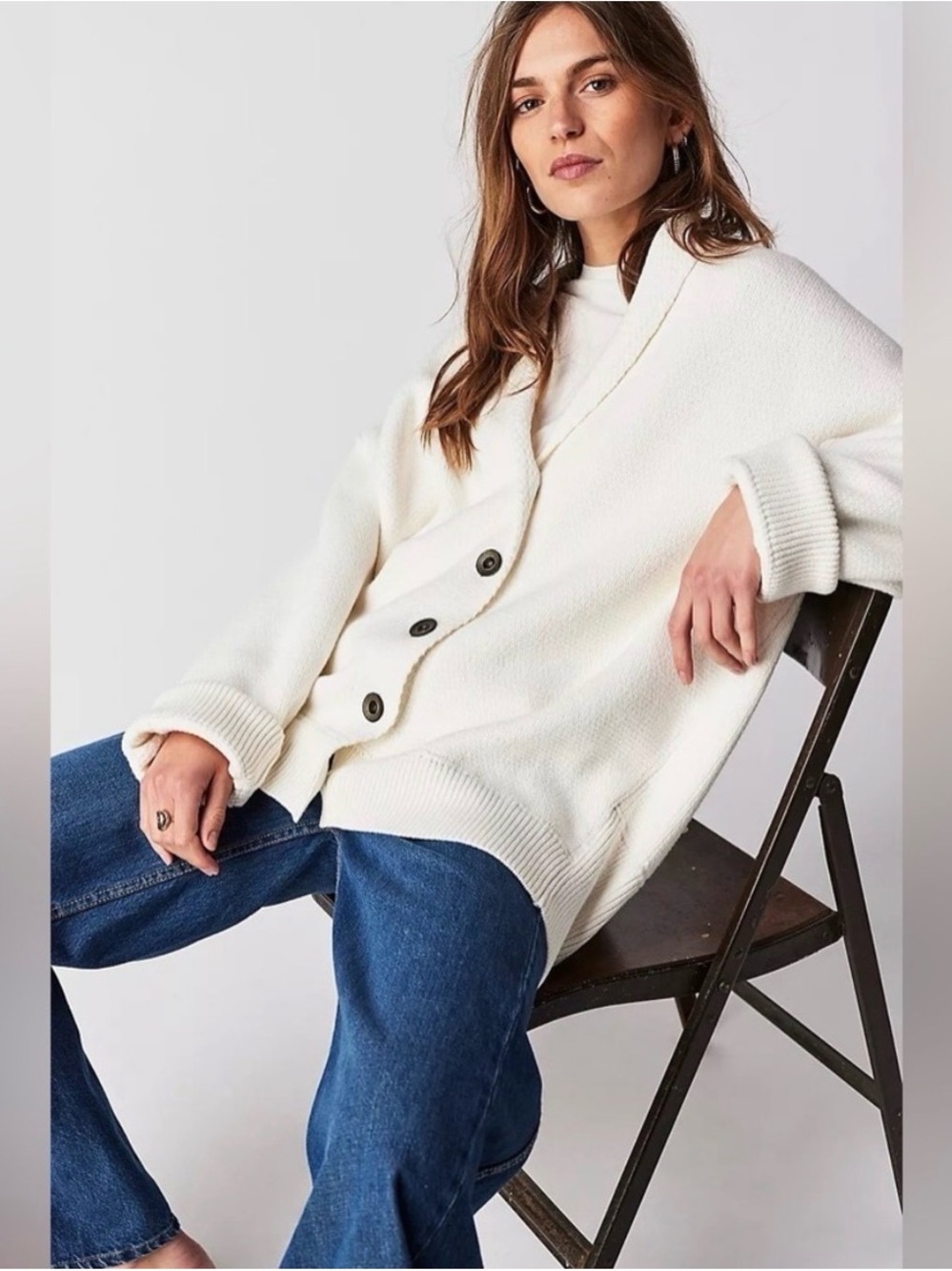 Free People Sweater Cream Button-Front Oversized Cardigan